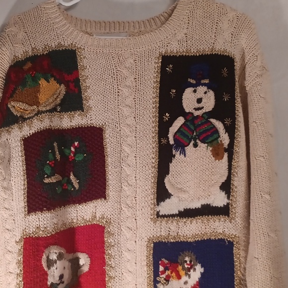 Casual Corner Limited Edition Cream and Red Crew Neck Sweater Hand Knitted Small - Picture 2 of 11